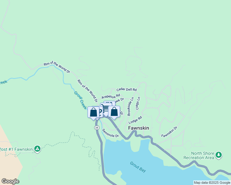 map of restaurants, bars, coffee shops, grocery stores, and more near 39243 Cedar Dell in Fawnskin