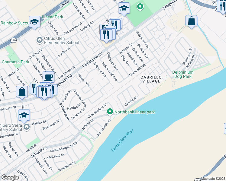 map of restaurants, bars, coffee shops, grocery stores, and more near 10042 Brazos Court in Ventura