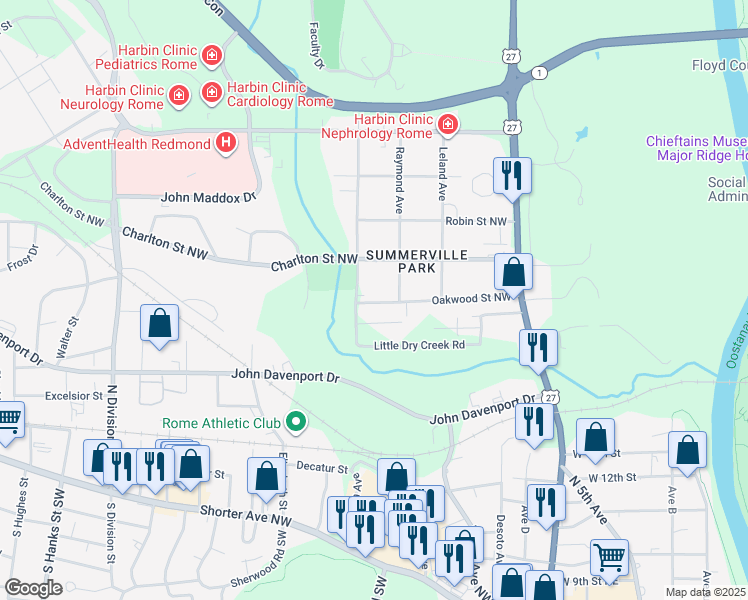 map of restaurants, bars, coffee shops, grocery stores, and more near 208 Oakwood Street Northwest in Rome