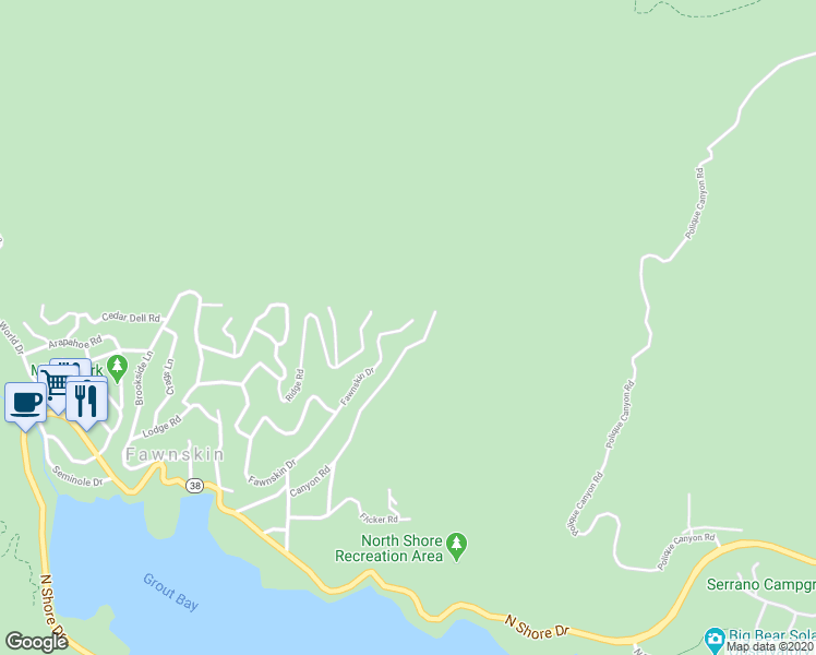 map of restaurants, bars, coffee shops, grocery stores, and more near 1275 Fawnskin Drive in Fawnskin