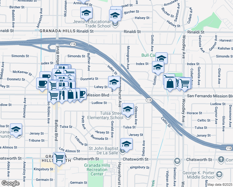 map of restaurants, bars, coffee shops, grocery stores, and more near 16605 San Fernando Mission Boulevard in Los Angeles