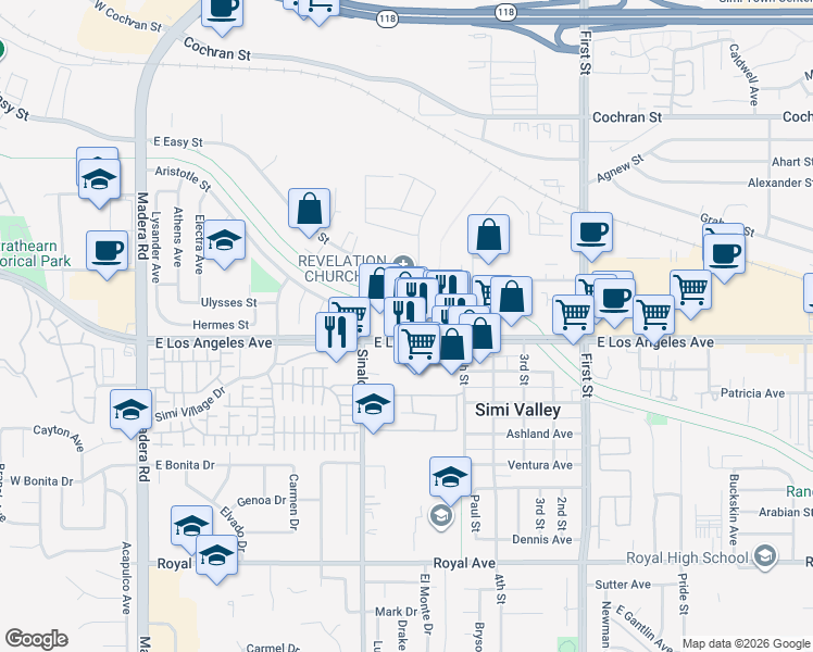map of restaurants, bars, coffee shops, grocery stores, and more near 525 East Los Angeles Avenue in Simi Valley