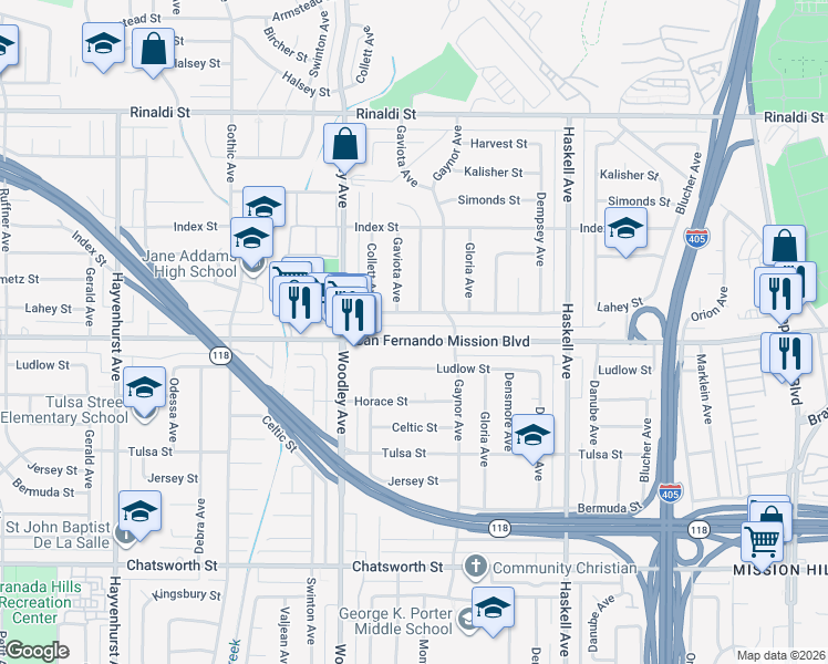map of restaurants, bars, coffee shops, grocery stores, and more near 16043 San Fernando Mission Boulevard in Los Angeles