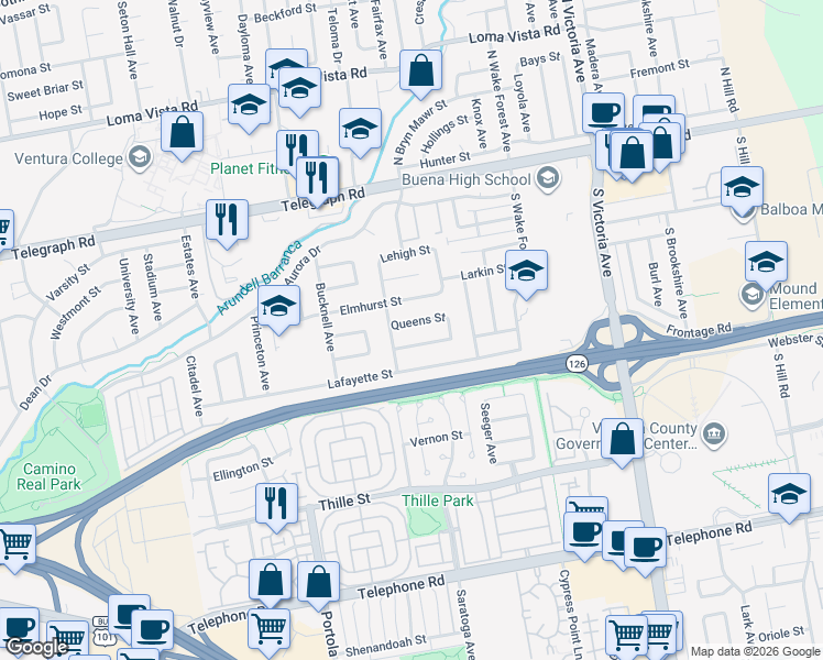 map of restaurants, bars, coffee shops, grocery stores, and more near 5348 Queens Street in Ventura