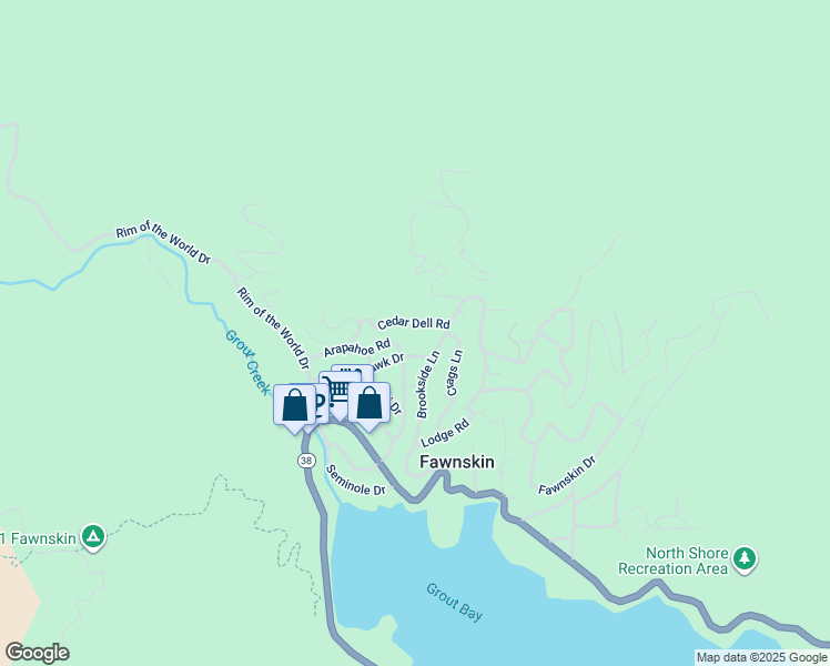 map of restaurants, bars, coffee shops, grocery stores, and more near 39286 Arapahoe Road in Fawnskin