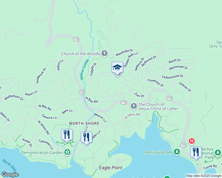 map of restaurants, bars, coffee shops, grocery stores, and more near 1224 Halifax Drive in Lake Arrowhead