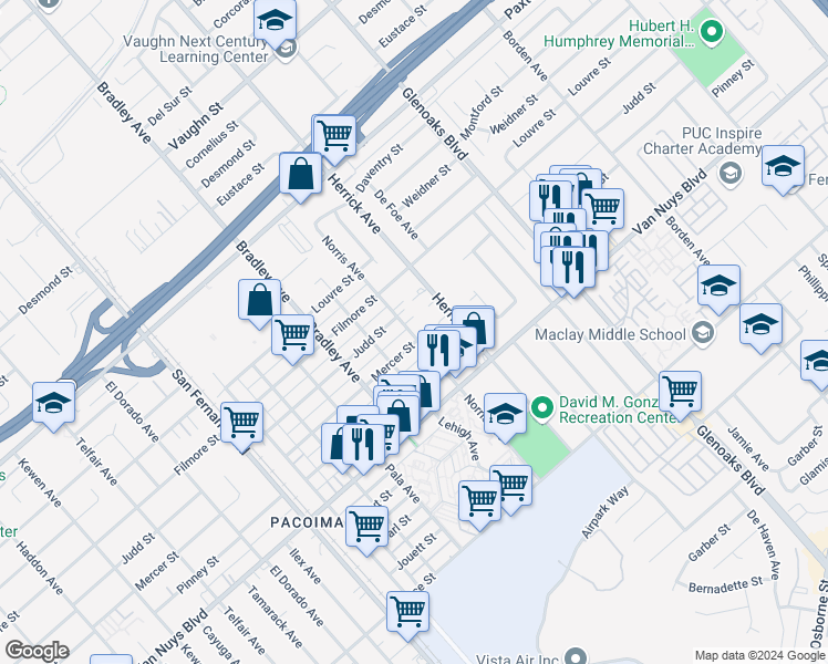 map of restaurants, bars, coffee shops, grocery stores, and more near 11090 Norris Avenue in Los Angeles