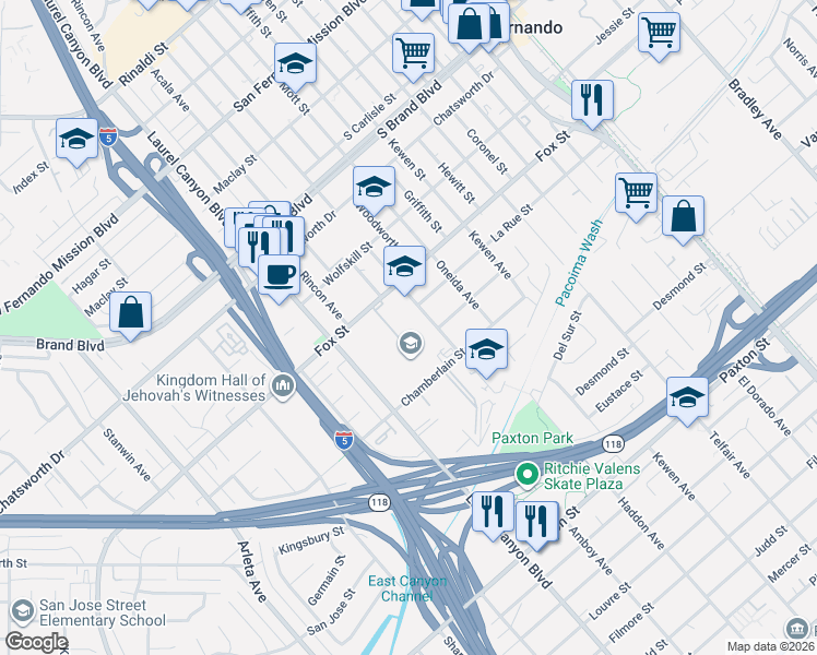 map of restaurants, bars, coffee shops, grocery stores, and more near in San Fernando