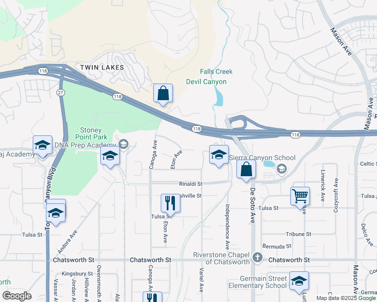 map of restaurants, bars, coffee shops, grocery stores, and more near 11100 Eton Avenue in Los Angeles