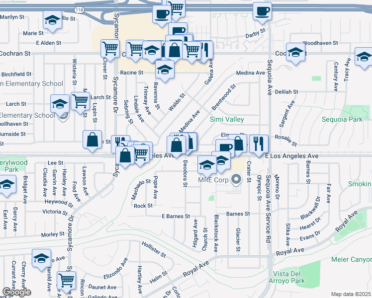 map of restaurants, bars, coffee shops, grocery stores, and more near 2940 Hilldale Avenue in Simi Valley
