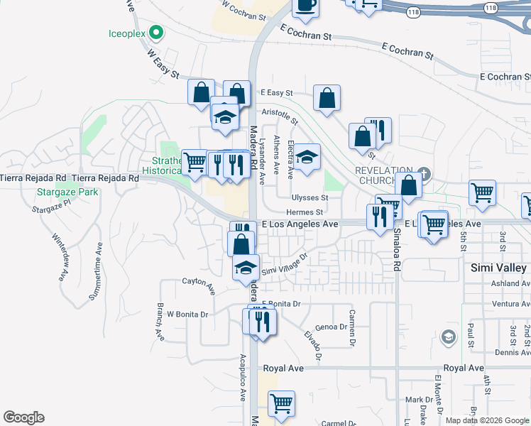 map of restaurants, bars, coffee shops, grocery stores, and more near 126 Hermes Street in Simi Valley