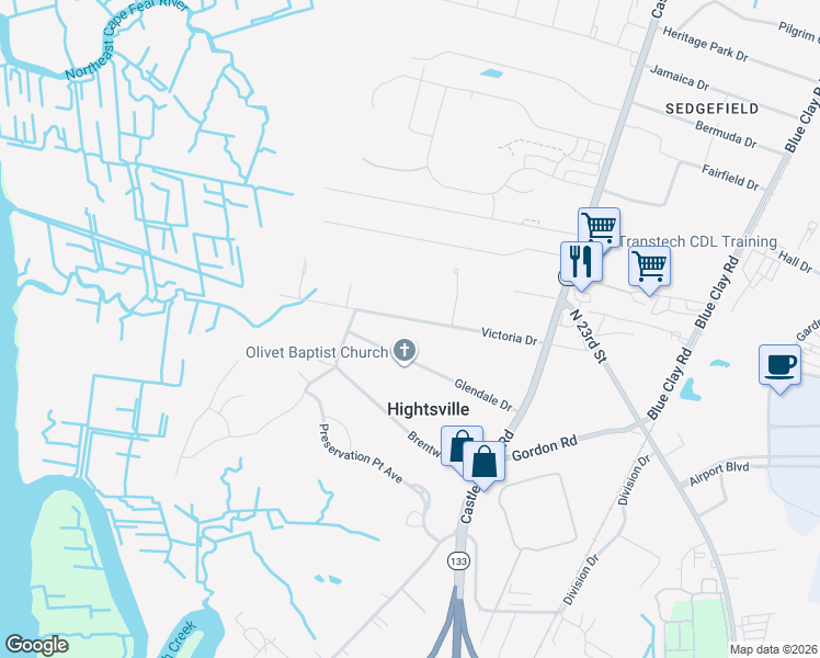 map of restaurants, bars, coffee shops, grocery stores, and more near 140 Victoria Drive in Wilmington