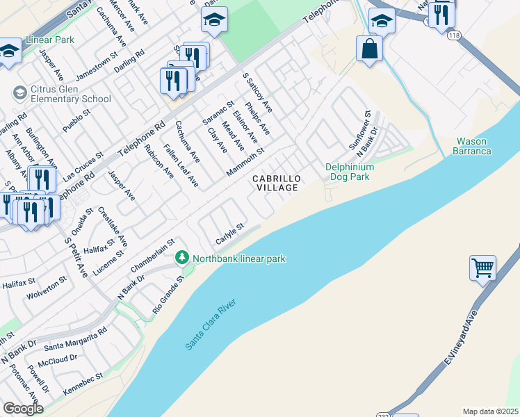 map of restaurants, bars, coffee shops, grocery stores, and more near 139 16 de Septiembre in Ventura