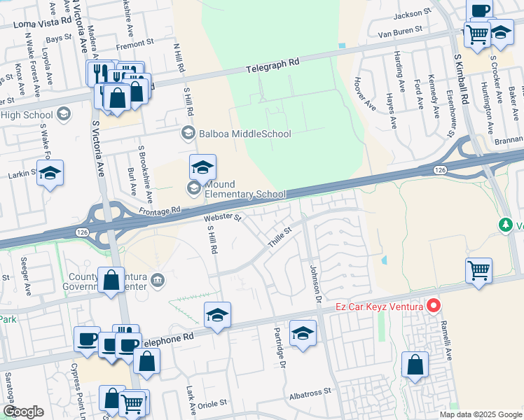 map of restaurants, bars, coffee shops, grocery stores, and more near 573 Eakins Lane in Ventura