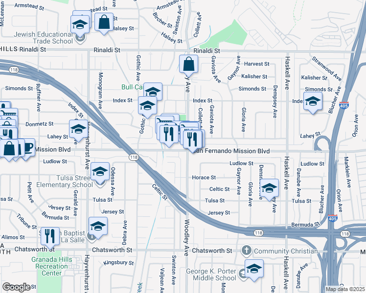 map of restaurants, bars, coffee shops, grocery stores, and more near 3101 Woodley Avenue in Los Angeles