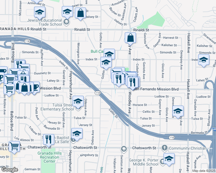 map of restaurants, bars, coffee shops, grocery stores, and more near 16331 San Fernando Mission Boulevard in Los Angeles