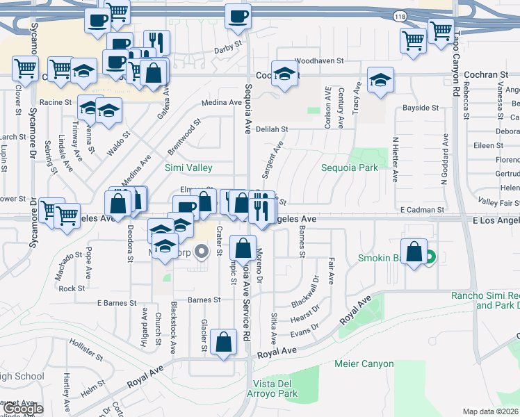 map of restaurants, bars, coffee shops, grocery stores, and more near 2009 Sargent Avenue in Simi Valley