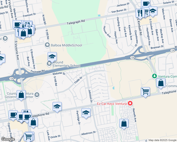 map of restaurants, bars, coffee shops, grocery stores, and more near 645 Doyle Lane in Ventura
