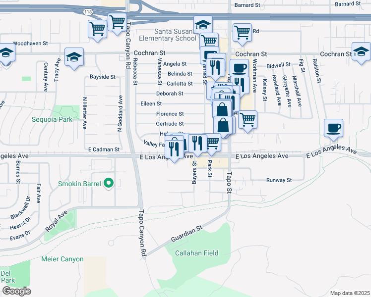 map of restaurants, bars, coffee shops, grocery stores, and more near 4226 Valley Fair Street in Simi Valley