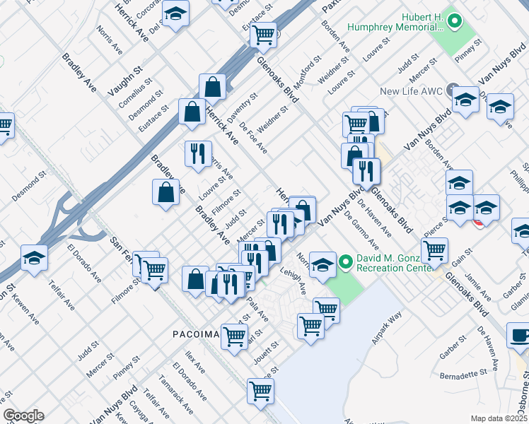 map of restaurants, bars, coffee shops, grocery stores, and more near 11108 Norris Avenue in Los Angeles