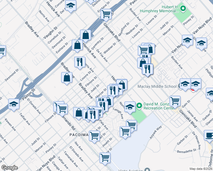 map of restaurants, bars, coffee shops, grocery stores, and more near 11108 Norris Avenue in Los Angeles