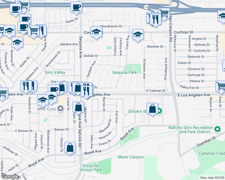 map of restaurants, bars, coffee shops, grocery stores, and more near 3640 Rosalie Street in Simi Valley