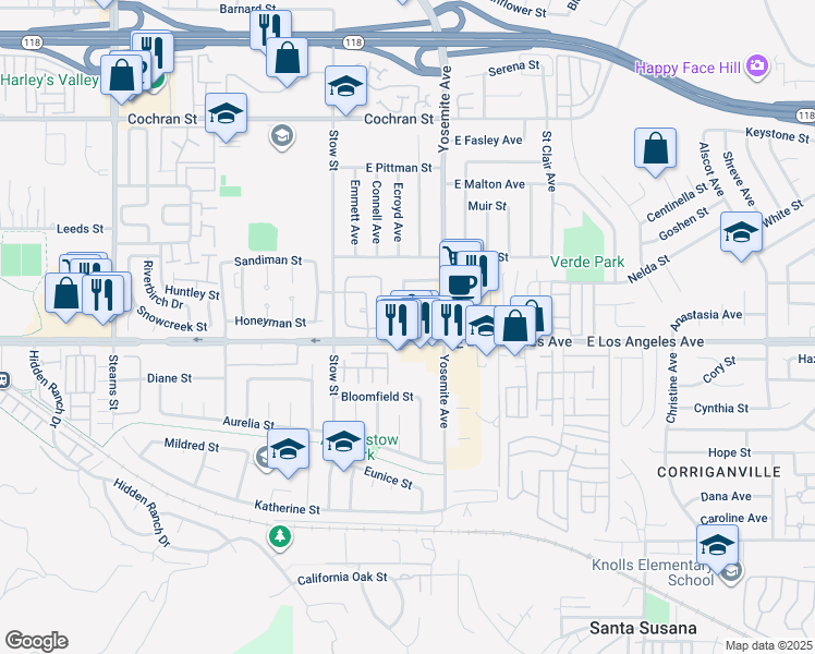 map of restaurants, bars, coffee shops, grocery stores, and more near 5775 East Los Angeles Avenue in Simi Valley