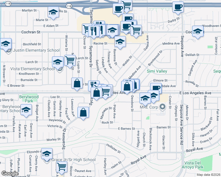 map of restaurants, bars, coffee shops, grocery stores, and more near 2872 Galena Avenue in Simi Valley