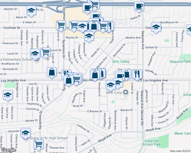 map of restaurants, bars, coffee shops, grocery stores, and more near 2940 Hilldale Avenue in Simi Valley