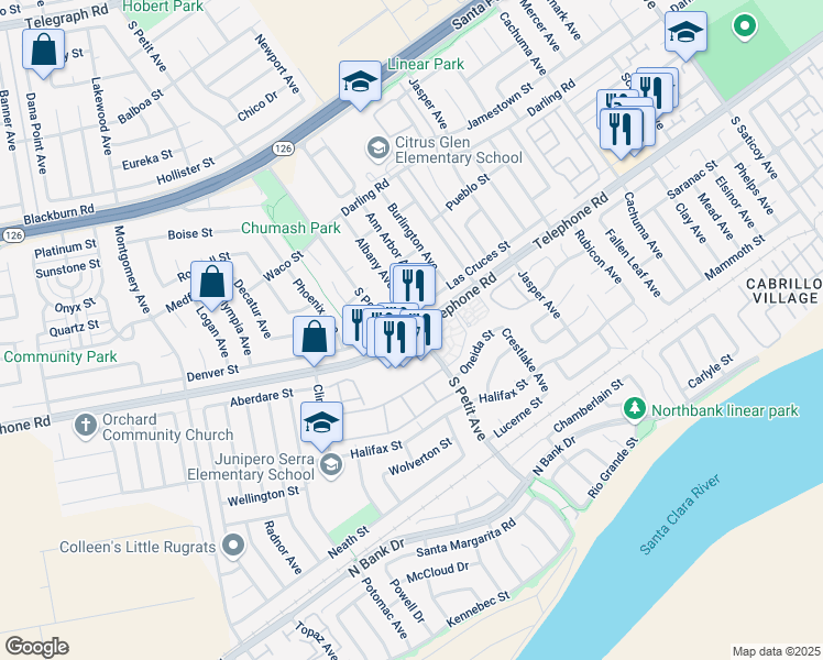 map of restaurants, bars, coffee shops, grocery stores, and more near Telephone Rd & S Petit Ave in Ventura