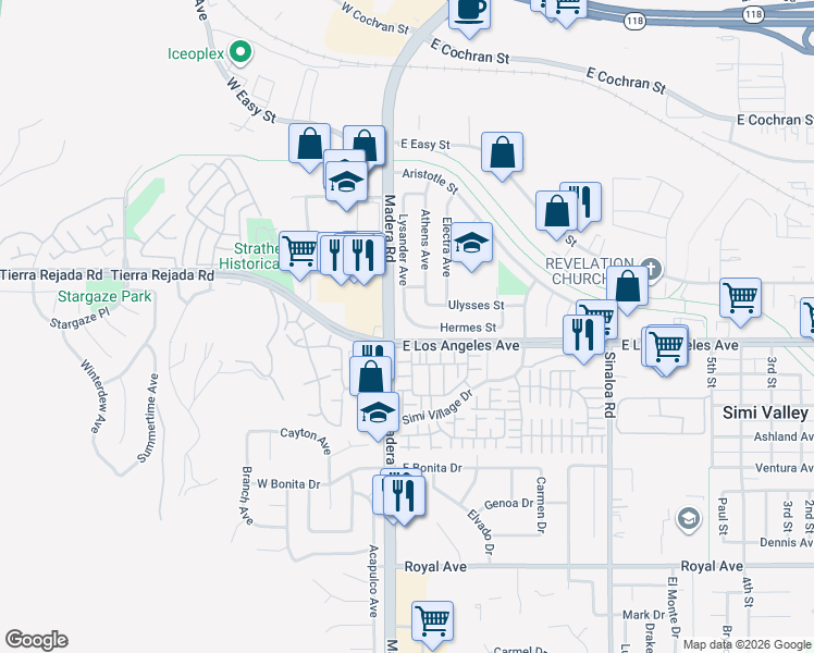 map of restaurants, bars, coffee shops, grocery stores, and more near 126 Hermes Street in Simi Valley