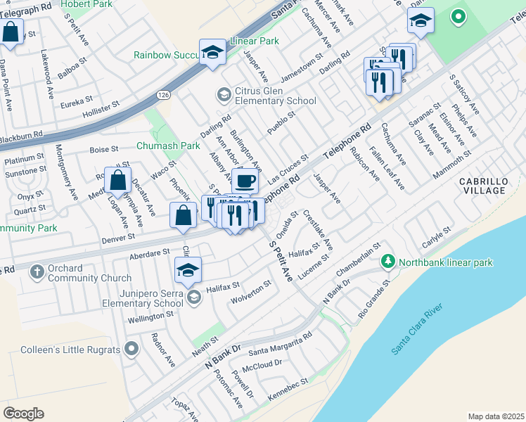 map of restaurants, bars, coffee shops, grocery stores, and more near 9600 Telephone Road in Ventura