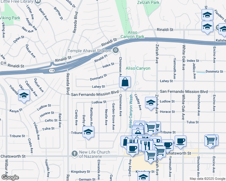 map of restaurants, bars, coffee shops, grocery stores, and more near 18209 San Fernando Mission Boulevard in Los Angeles