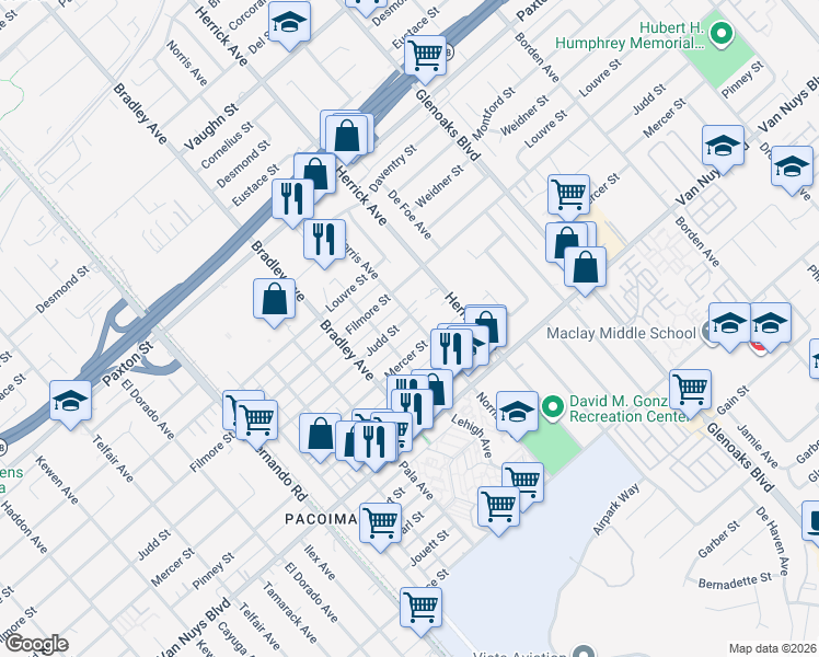map of restaurants, bars, coffee shops, grocery stores, and more near 13106 Judd Street in Los Angeles