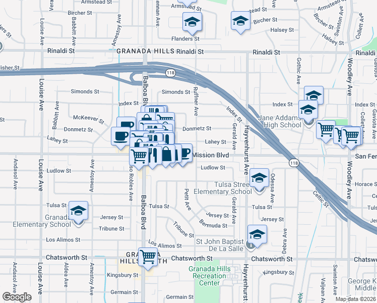 map of restaurants, bars, coffee shops, grocery stores, and more near 16817 San Fernando Mission Boulevard in Los Angeles