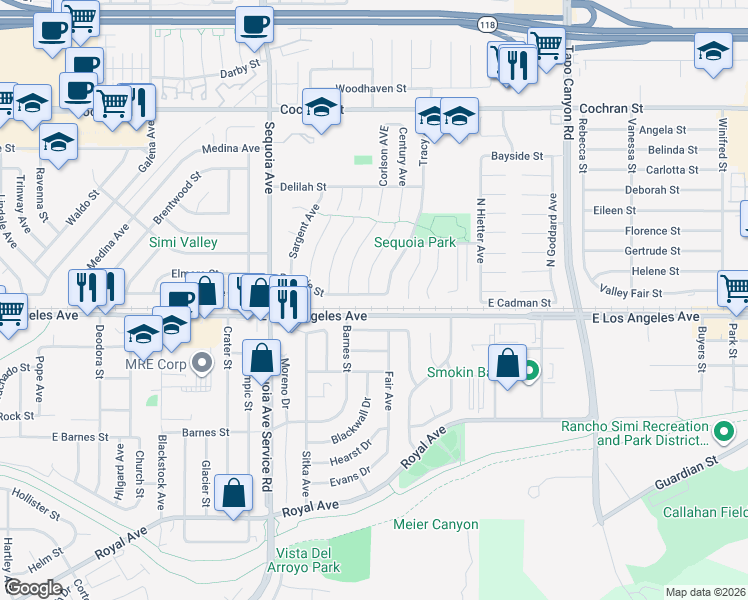 map of restaurants, bars, coffee shops, grocery stores, and more near 3640 Rosalie Street in Simi Valley