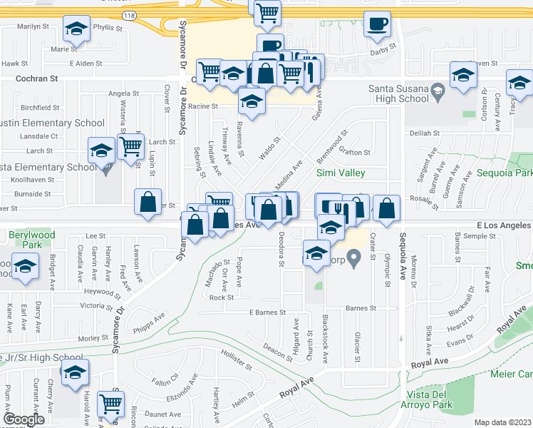 map of restaurants, bars, coffee shops, grocery stores, and more near 2928 Hilldale Avenue in Simi Valley