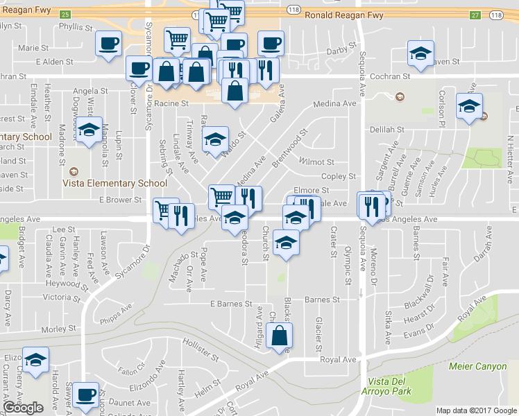 map of restaurants, bars, coffee shops, grocery stores, and more near 3034 Hilldale Avenue in Simi Valley