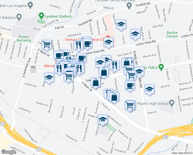 map of restaurants, bars, coffee shops, grocery stores, and more near 20 North Dos Caminos Avenue in Ventura