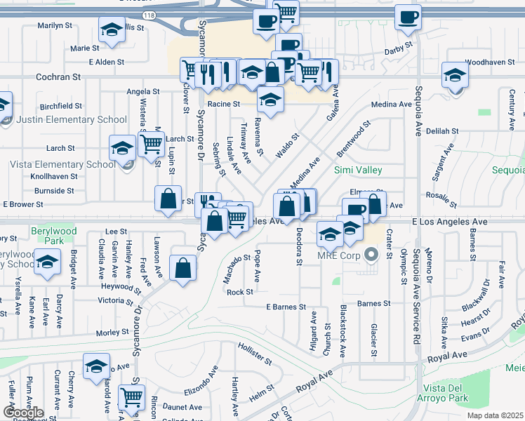 map of restaurants, bars, coffee shops, grocery stores, and more near 2904 Galena Avenue in Simi Valley