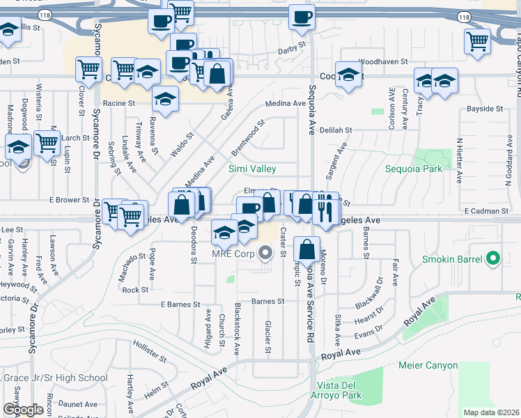 map of restaurants, bars, coffee shops, grocery stores, and more near 3268 Hilldale Avenue in Simi Valley
