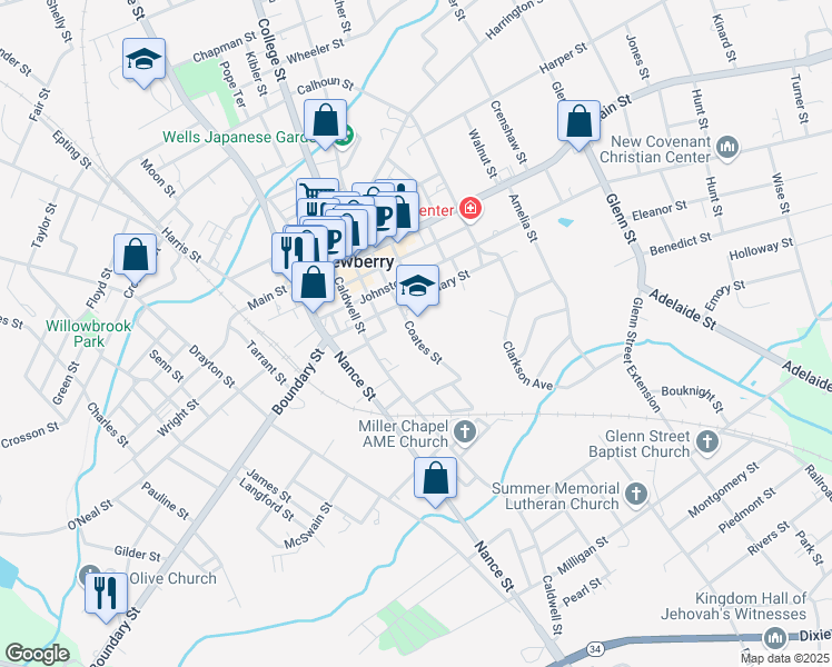 map of restaurants, bars, coffee shops, grocery stores, and more near Coates Street in Newberry