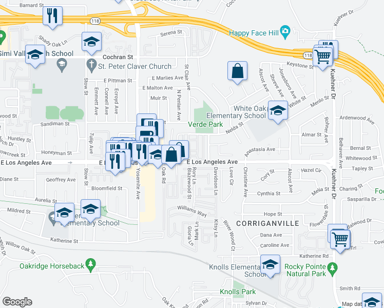 map of restaurants, bars, coffee shops, grocery stores, and more near 6001 East Via Breve in Simi Valley