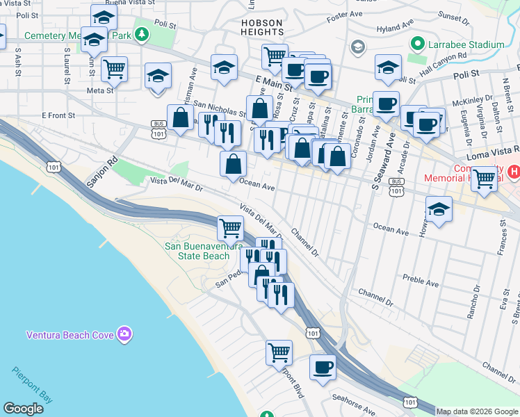 map of restaurants, bars, coffee shops, grocery stores, and more near 1884 Channel Drive in Ventura