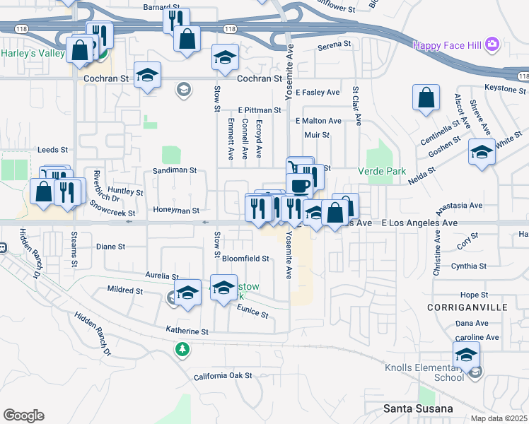 map of restaurants, bars, coffee shops, grocery stores, and more near 5775 East Los Angeles Avenue in Simi Valley