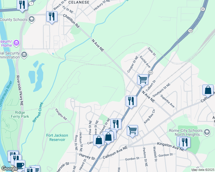 map of restaurants, bars, coffee shops, grocery stores, and more near 12 Whatley Street in Rome