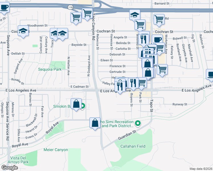 map of restaurants, bars, coffee shops, grocery stores, and more near 4064 Valley Fair Street in Simi Valley