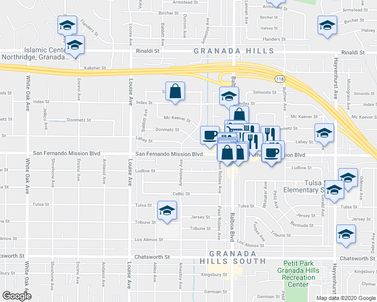 map of restaurants, bars, coffee shops, grocery stores, and more near 17120 San Fernando Mission Boulevard in Los Angeles