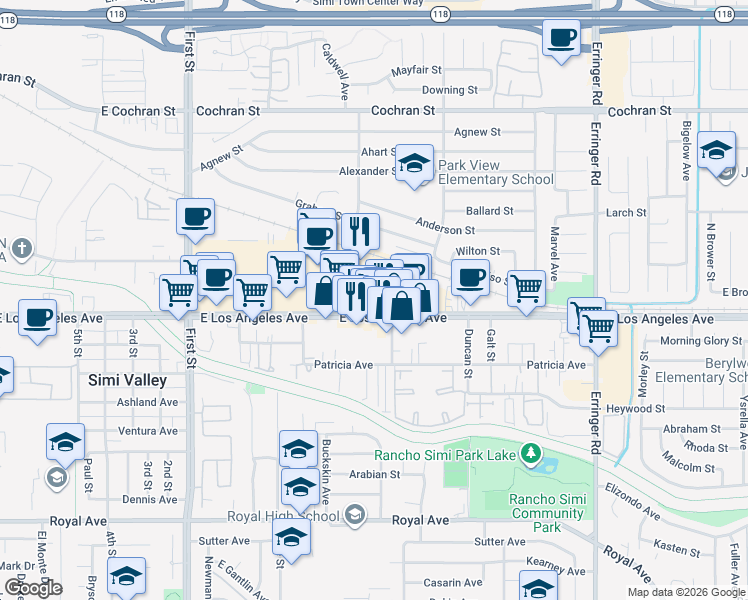 map of restaurants, bars, coffee shops, grocery stores, and more near 1445 East Los Angeles Avenue in Simi Valley