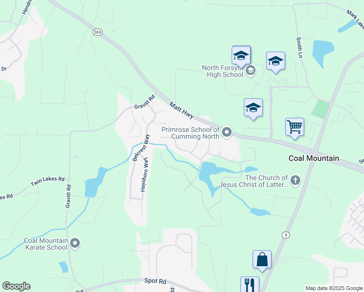 map of restaurants, bars, coffee shops, grocery stores, and more near 4030 Amberhill Circle in Cumming